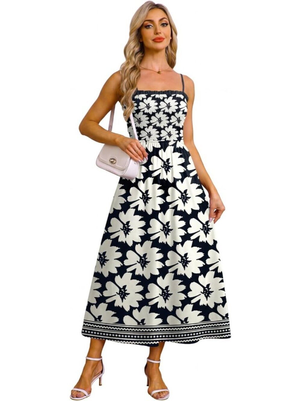 〽️Women Black Floral Spaghetti Strap Smocked Casual Boho Beach Long Maxi Dresses